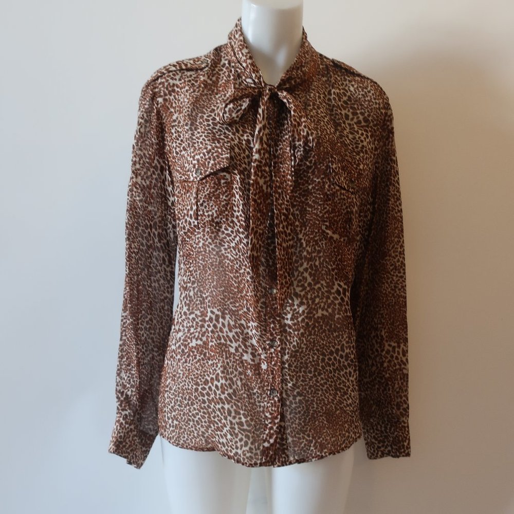 WOMENS COOPER BROWN TAN ANIMAL PRINT CHEETAH PRINT SILK BLOUSE 6 *